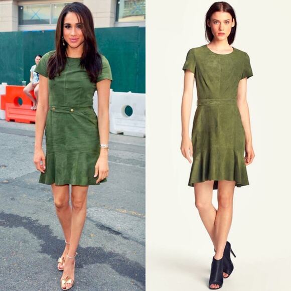 Rachel Zoe Seine Belted Olive Green Goat Suede Dress a/s/o Meghan Markle - Picture 2 of 14